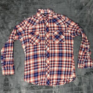Wrangler Mens Medium Red White Blue Plaid Western Pearl Snap Long Sleeve Shirt